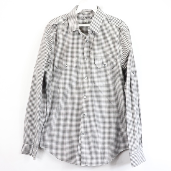 Express Mens Medium Fitted Button Front Shirt Gray - Picture 1 of 5